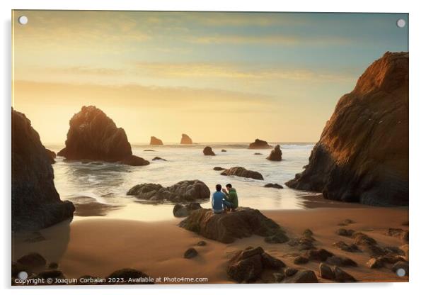 A couple walks among the rocks of a small and hidden beach at da Acrylic by Joaquin Corbalan