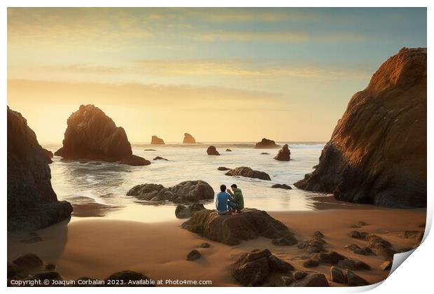 A couple walks among the rocks of a small and hidden beach at da Print by Joaquin Corbalan