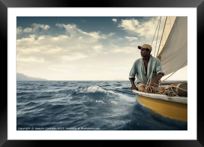 A lonely, handsome man sails his small boat, enjoying the sea br Framed Mounted Print by Joaquin Corbalan