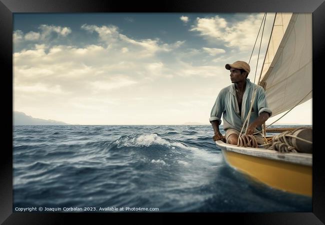 A lonely, handsome man sails his small boat, enjoying the sea br Framed Print by Joaquin Corbalan