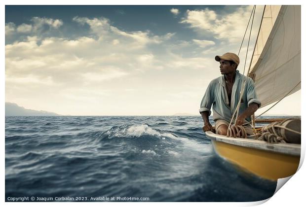 A lonely, handsome man sails his small boat, enjoying the sea br Print by Joaquin Corbalan