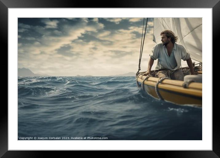 Amidst the vast sea, a handsome man sails his small boat, embrac Framed Mounted Print by Joaquin Corbalan