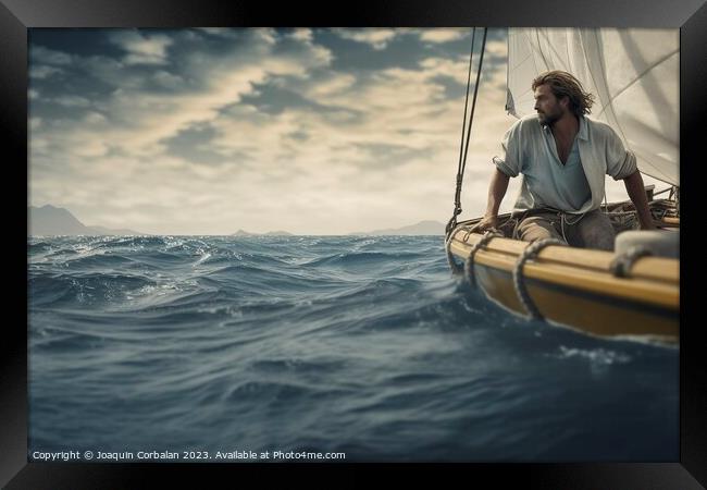 Amidst the vast sea, a handsome man sails his small boat, embrac Framed Print by Joaquin Corbalan