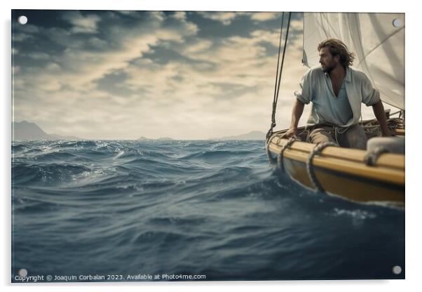 Amidst the vast sea, a handsome man sails his small boat, embrac Acrylic by Joaquin Corbalan