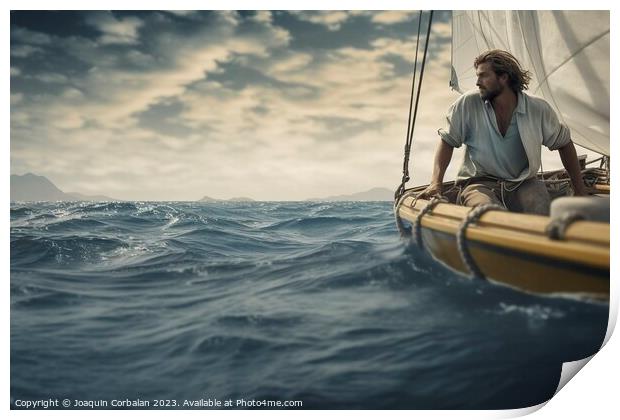 Amidst the vast sea, a handsome man sails his small boat, embrac Print by Joaquin Corbalan