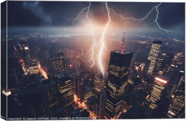 Lightning strikes a building in the financial district of a larg Canvas Print by Joaquin Corbalan