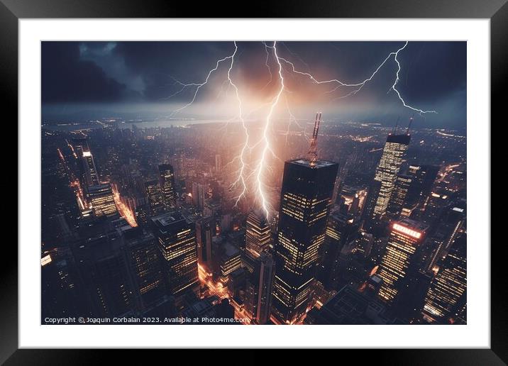 Lightning strikes a building in the financial district of a larg Framed Mounted Print by Joaquin Corbalan