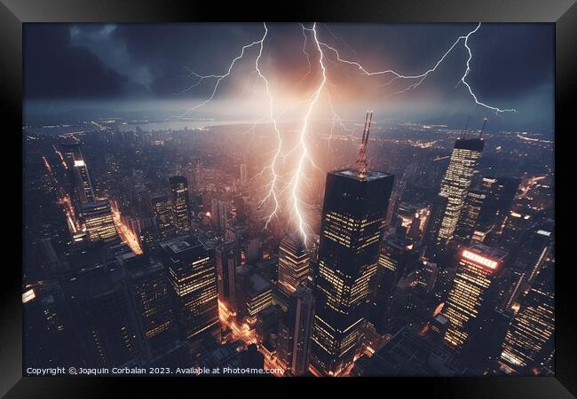 Lightning strikes a building in the financial district of a larg Framed Print by Joaquin Corbalan