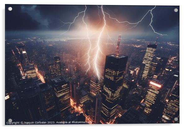 Lightning strikes a building in the financial district of a larg Acrylic by Joaquin Corbalan