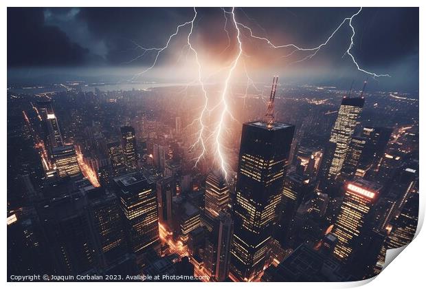 Lightning strikes a building in the financial district of a larg Print by Joaquin Corbalan