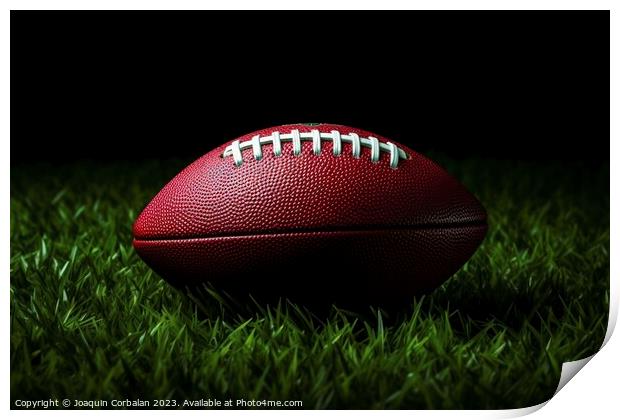 A well-worn American football rests on the lush green grass of a Print by Joaquin Corbalan