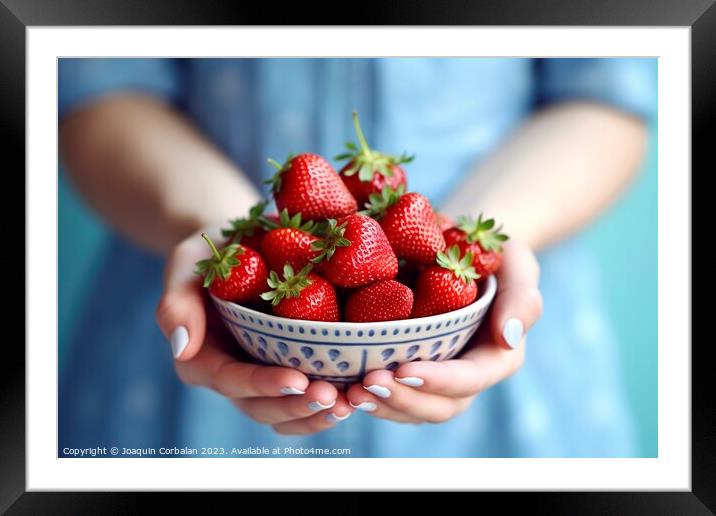 Red strawberries, antioxidant and rich in vitamins, held by a wo Framed Mounted Print by Joaquin Corbalan
