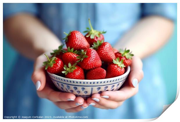Red strawberries, antioxidant and rich in vitamins, held by a wo Print by Joaquin Corbalan