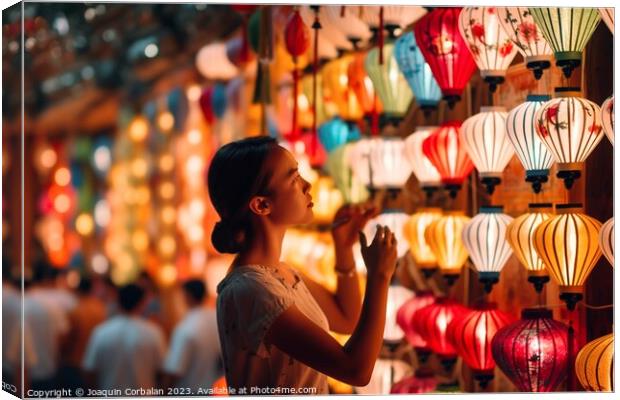 A Vietnamese woman carefully selects and orders beautifully lit  Canvas Print by Joaquin Corbalan