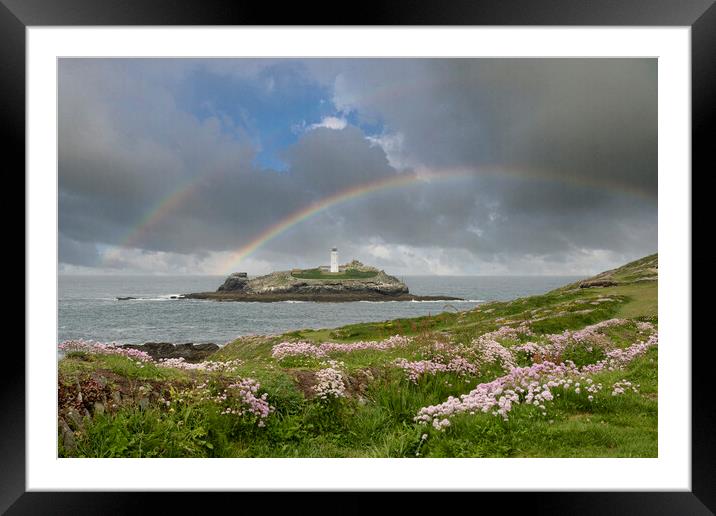 Godrevy lighthouse with a rainbow Framed Mounted Print by kathy white