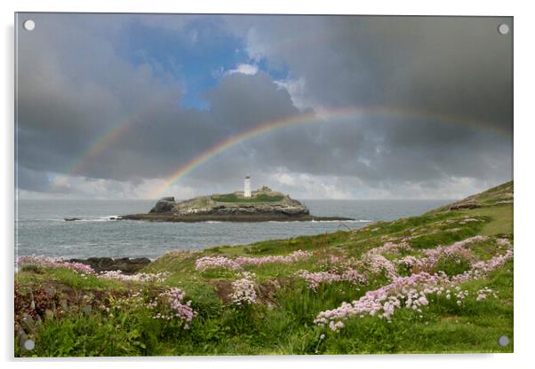Godrevy lighthouse with a rainbow Acrylic by kathy white