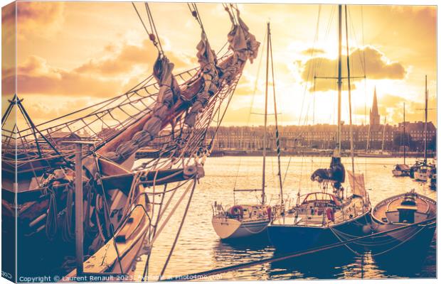 Old corsair ship and boats in Saint Malo at sunset, also known a Canvas Print by Laurent Renault