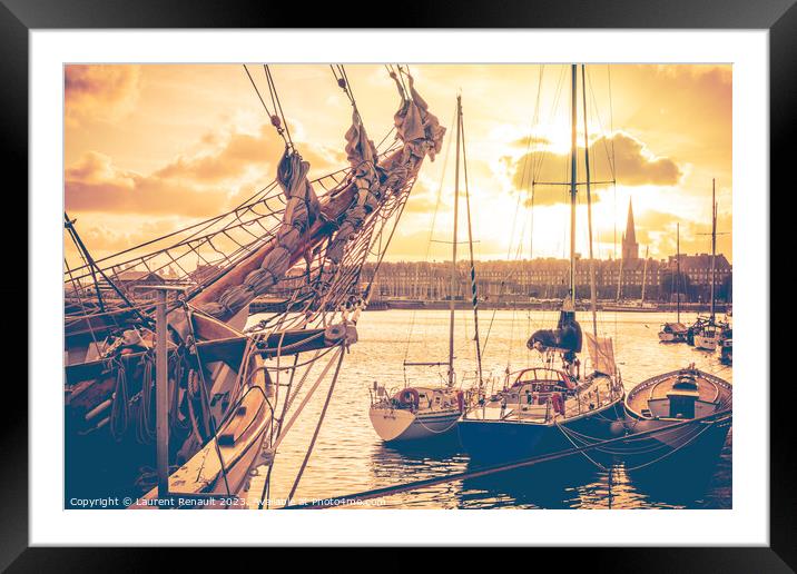 Old corsair ship and boats in Saint Malo at sunset, also known a Framed Mounted Print by Laurent Renault
