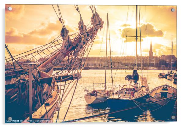 Old corsair ship and boats in Saint Malo at sunset, also known a Acrylic by Laurent Renault