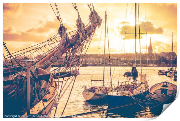 Old corsair ship and boats in Saint Malo at sunset, also known a Print by Laurent Renault