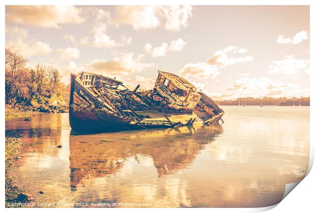 Wreck of a wooden fishing boat abandoned on the shore Print by Laurent Renault