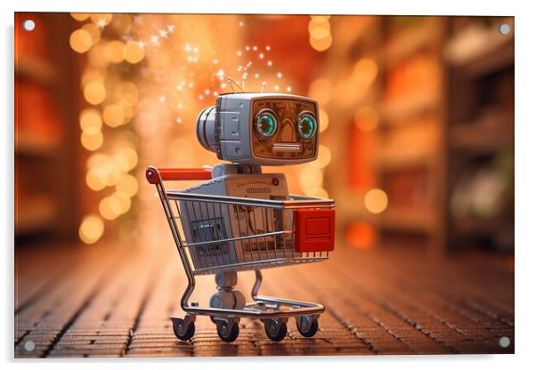 Funny little robot, assistant to do the shopping in the supermar Acrylic by Joaquin Corbalan