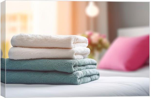 Neatly folded towels in a bright hotel room. Ai generated. Canvas Print by Joaquin Corbalan