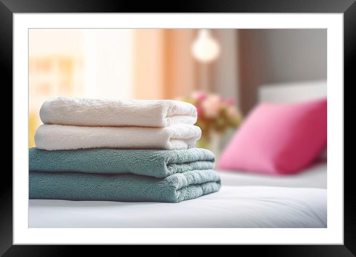 Neatly folded towels in a bright hotel room. Ai generated. Framed Mounted Print by Joaquin Corbalan