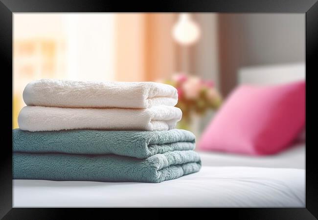 Neatly folded towels in a bright hotel room. Ai generated. Framed Print by Joaquin Corbalan