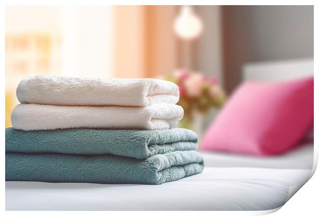 Neatly folded towels in a bright hotel room. Ai generated. Print by Joaquin Corbalan