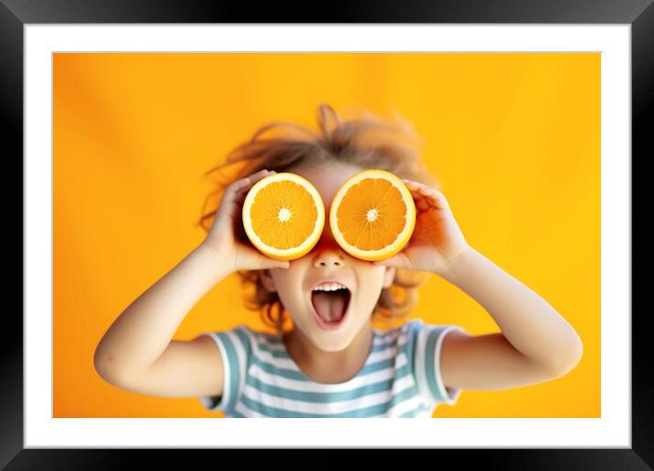 Funny summer boy places two oranges in his eyes as binoculars. A Framed Mounted Print by Joaquin Corbalan