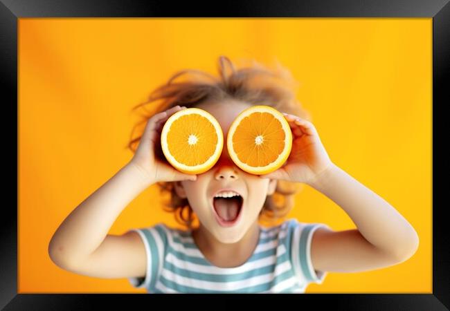 Funny summer boy places two oranges in his eyes as binoculars. A Framed Print by Joaquin Corbalan