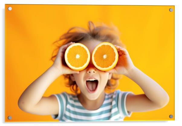 Funny summer boy places two oranges in his eyes as binoculars. A Acrylic by Joaquin Corbalan