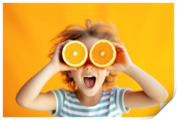 Funny summer boy places two oranges in his eyes as binoculars. A Print by Joaquin Corbalan
