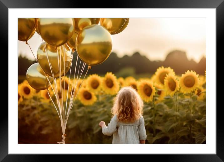 Boy playing among the sunflowers on a nice summer afternoon.Fict Framed Mounted Print by Joaquin Corbalan