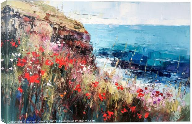 Poppies Wildflowers Cliffs and Sea 3 Canvas Print by Robert Deering