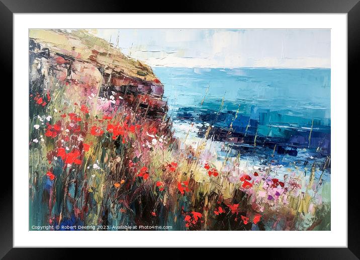 Poppies Wildflowers Cliffs and Sea 3 Framed Mounted Print by Robert Deering