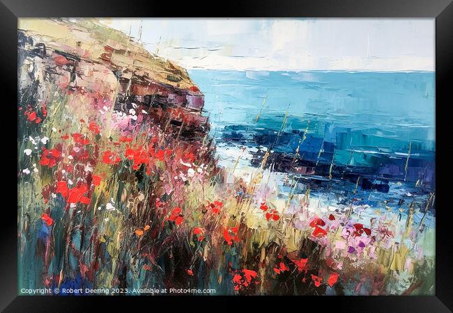 Poppies Wildflowers Cliffs and Sea 3 Framed Print by Robert Deering