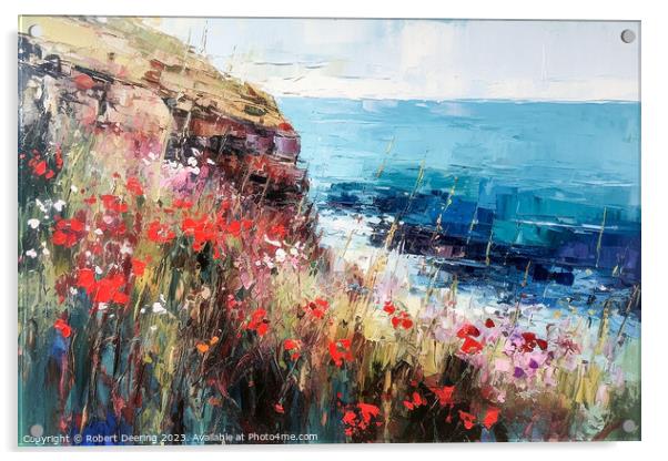 Poppies Wildflowers Cliffs and Sea 3 Acrylic by Robert Deering