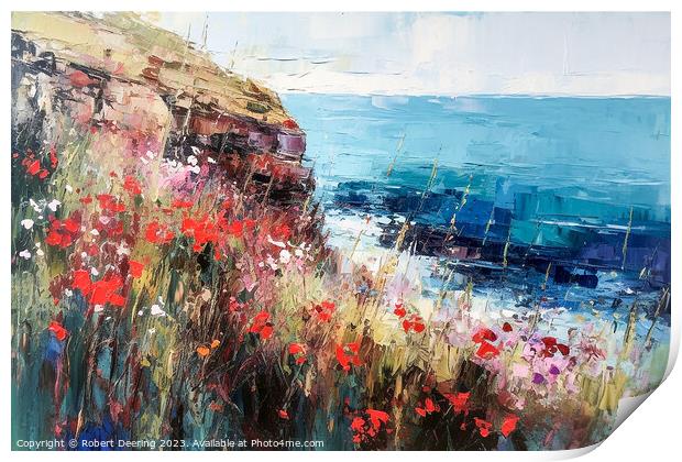 Poppies Wildflowers Cliffs and Sea 3 Print by Robert Deering