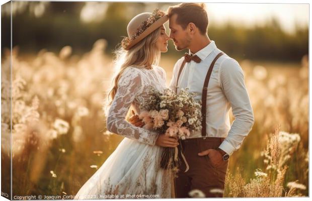 Newlyweds pose happily in a photo session in the countryside with rural clothes. Ai generated. Canvas Print by Joaquin Corbalan