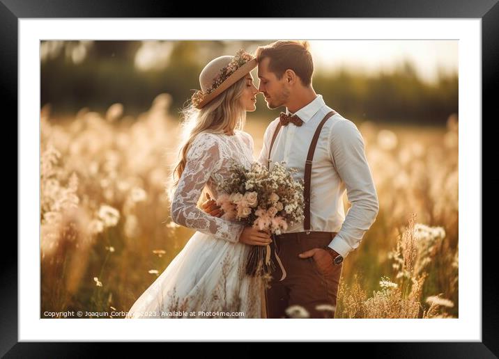 Newlyweds pose happily in a photo session in the countryside with rural clothes. Ai generated. Framed Mounted Print by Joaquin Corbalan