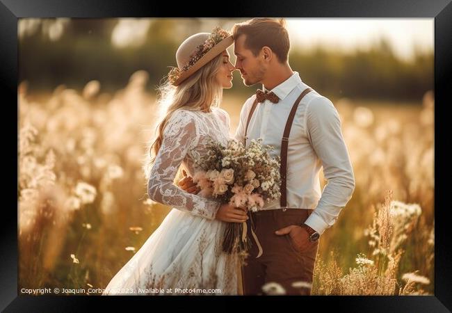 Newlyweds pose happily in a photo session in the countryside with rural clothes. Ai generated. Framed Print by Joaquin Corbalan
