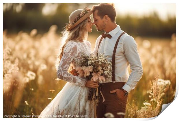 Newlyweds pose happily in a photo session in the countryside with rural clothes. Ai generated. Print by Joaquin Corbalan