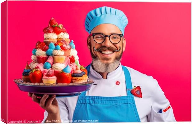 On a vibrant and colorful background, a funny chef proudly displays his freshly prepared and mouthwatering cakes. AI Generated Canvas Print by Joaquin Corbalan