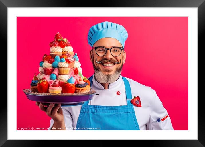 On a vibrant and colorful background, a funny chef proudly displays his freshly prepared and mouthwatering cakes. AI Generated Framed Mounted Print by Joaquin Corbalan