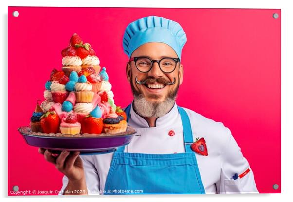 On a vibrant and colorful background, a funny chef proudly displays his freshly prepared and mouthwatering cakes. AI Generated Acrylic by Joaquin Corbalan