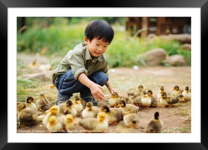 farm boy gently cradles the precious newborn chicks in his hands, savoring the magic of life on the farm. AI Generated Framed Mounted Print by Joaquin Corbalan