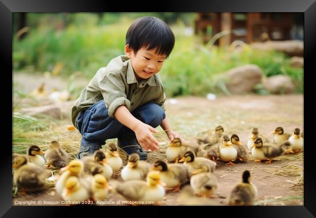 farm boy gently cradles the precious newborn chicks in his hands, savoring the magic of life on the farm. AI Generated Framed Print by Joaquin Corbalan