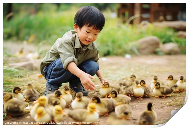 farm boy gently cradles the precious newborn chicks in his hands, savoring the magic of life on the farm. AI Generated Print by Joaquin Corbalan